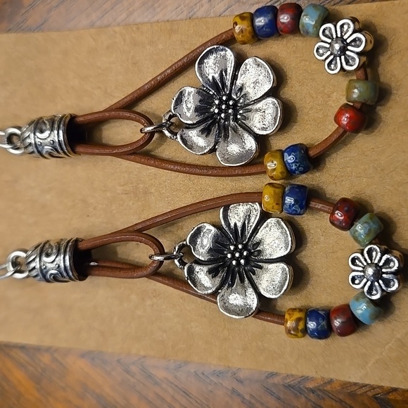 Boho Beaded Leather Rope Dangle Earrings Floral & Multicolor Beads - Picture 1 of 8